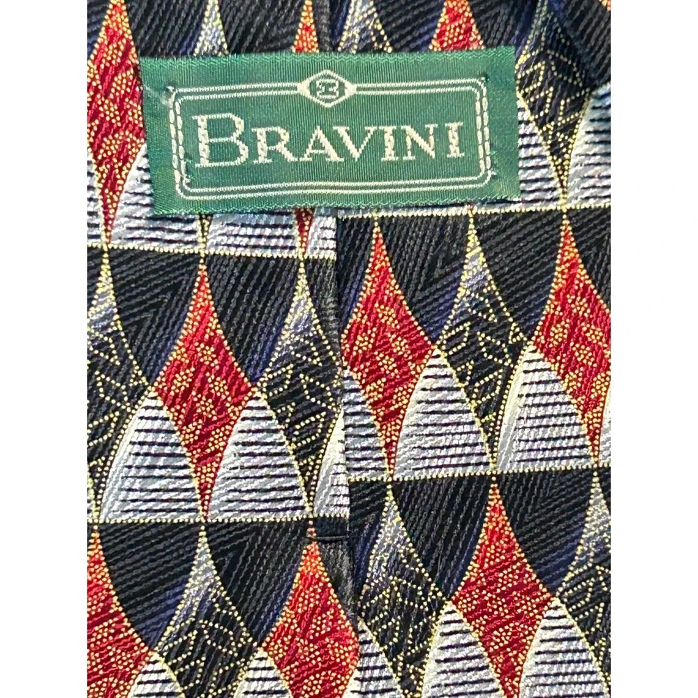 BRAVINI Mens Geometric Pattern Silk Necktie Red Black White‎ Blue Luxury
